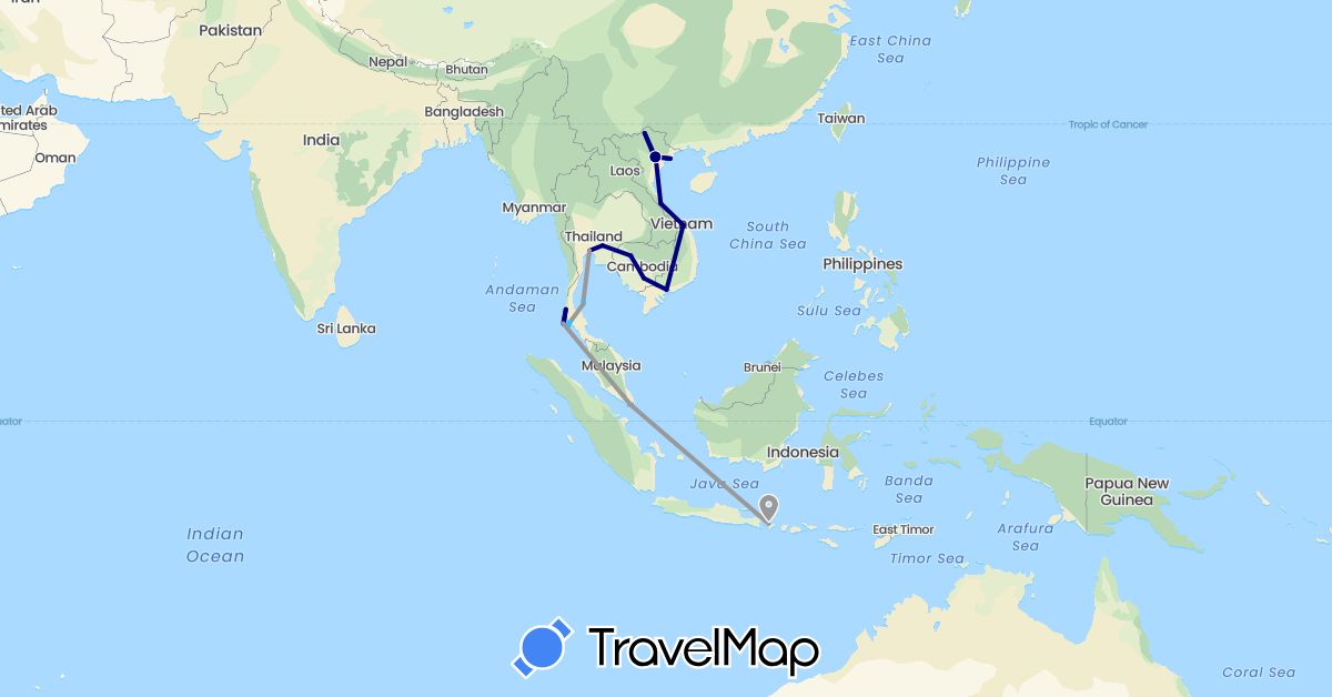 TravelMap itinerary: driving, plane, boat in Indonesia, Cambodia, Singapore, Thailand, Vietnam (Asia)